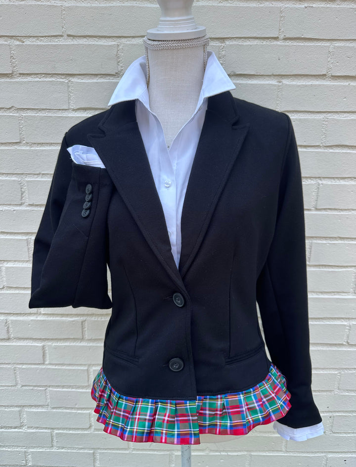 Valerie Holiday Blazer - Black w Red Plaid Ruffled Ribbon (VAL02)