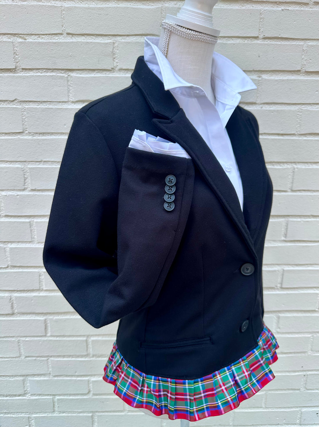 Valerie Holiday Blazer - Black w Red Plaid Ruffled Ribbon (VAL02)