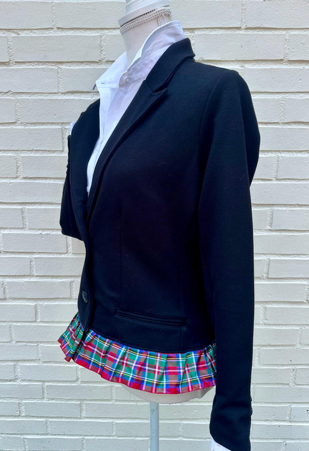 Valerie Holiday Blazer - Black w Red Plaid Ruffled Ribbon (VAL02)
