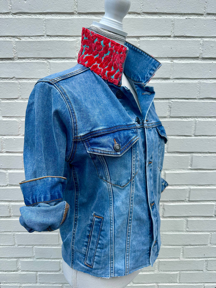 Stevie Denim Jacket - Denim w Orange & Turquoise Velvet Leopard (ST14)