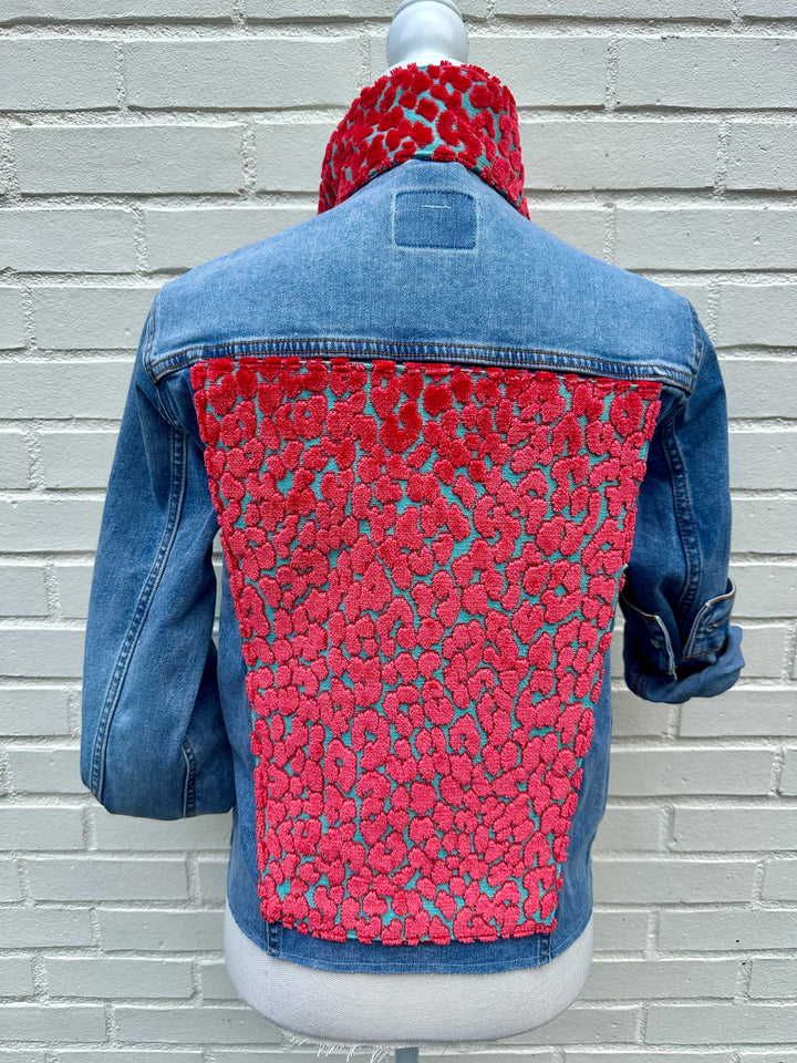 Stevie Denim Jacket - Denim w Orange & Turquoise Velvet Leopard (ST14)