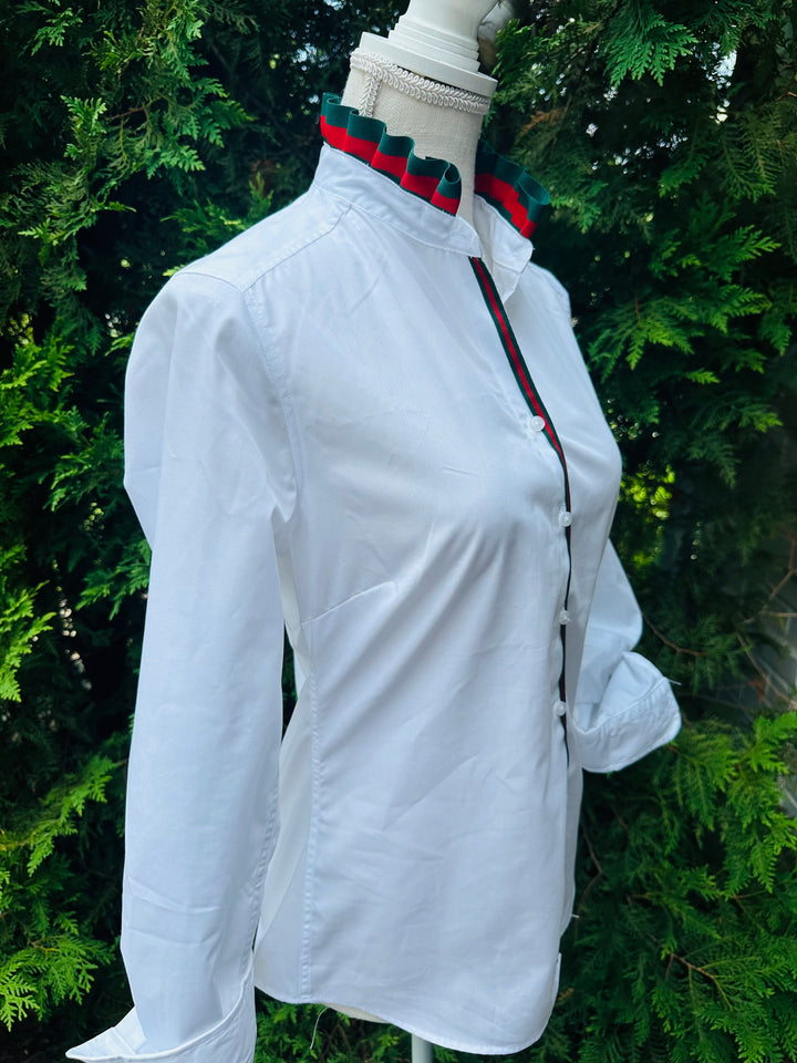 Kate Ruffled Ribbon Collar - White w Green & Red Stripe Ribbon (KT07)
