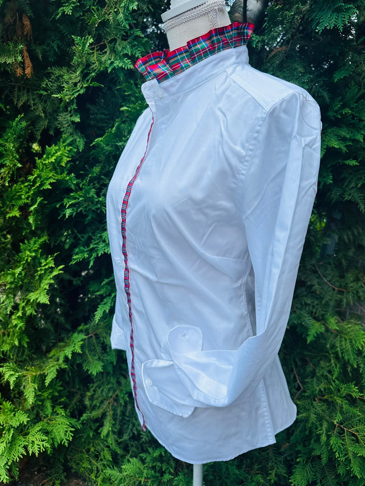 Kate Ruffled Ribbon Collar - White w Green & Red Stripe Ribbon (KT07)