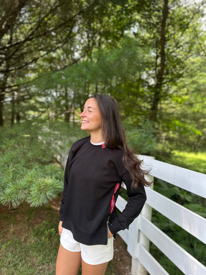 Danny Crew Neck Sweatshirt - Black w Black, White & Red Stripe Ribbon (Danny05)