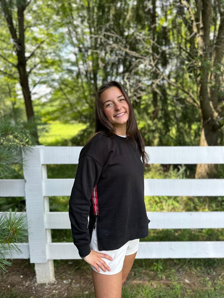 Danny Crew Neck Sweatshirt - Black w Black, White & Red Stripe Ribbon (Danny05)