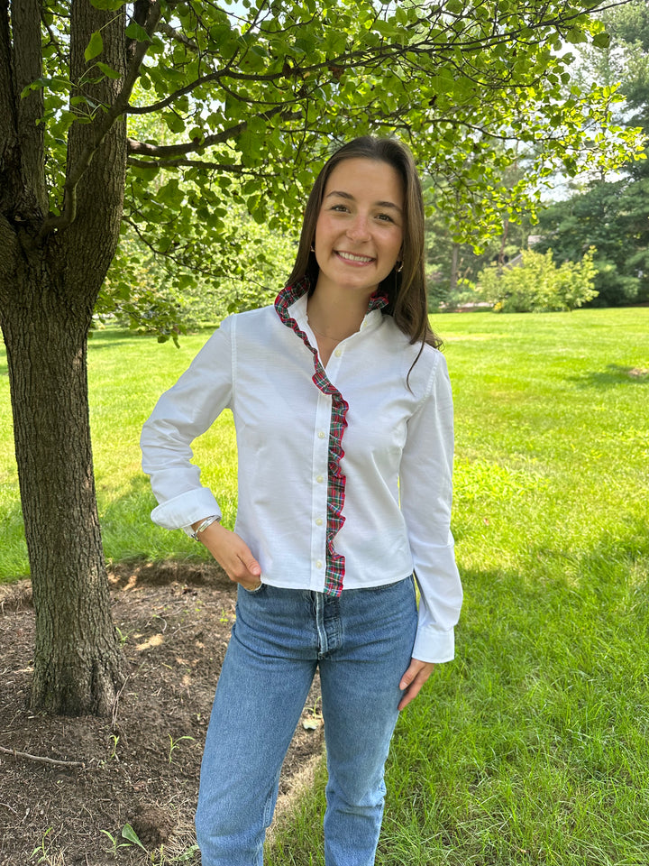 Sophia Holiday Ribbon Untucked Oxford - White w Red Plaid Ribbon (SPH02)