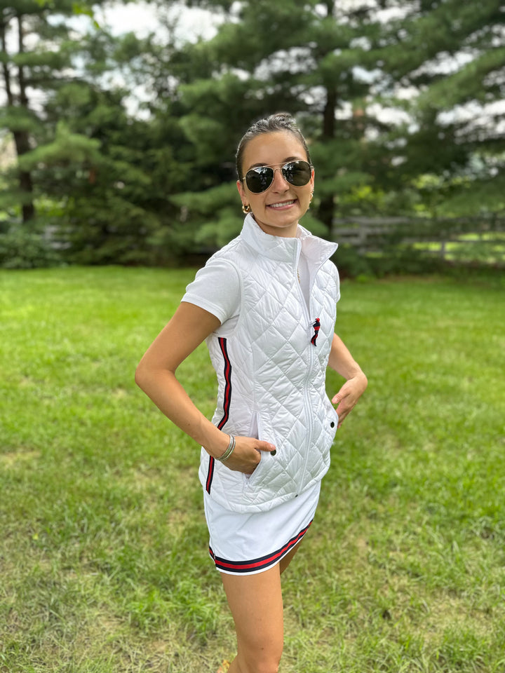 Maggie May Quilted Vest - White w Navy & Red Stripe Ribbon (MMQ03)