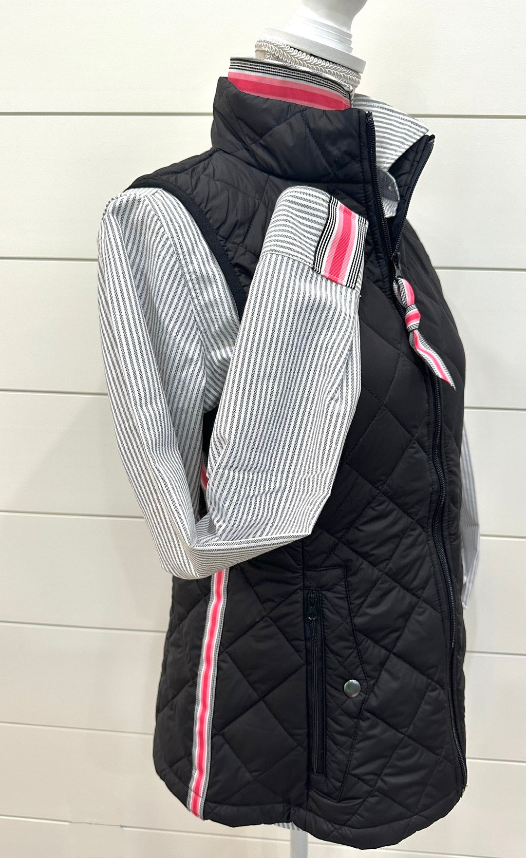 Maggie May Quilted Vest - Black w Black & Pink Stripe Ribbon (MMQ05)