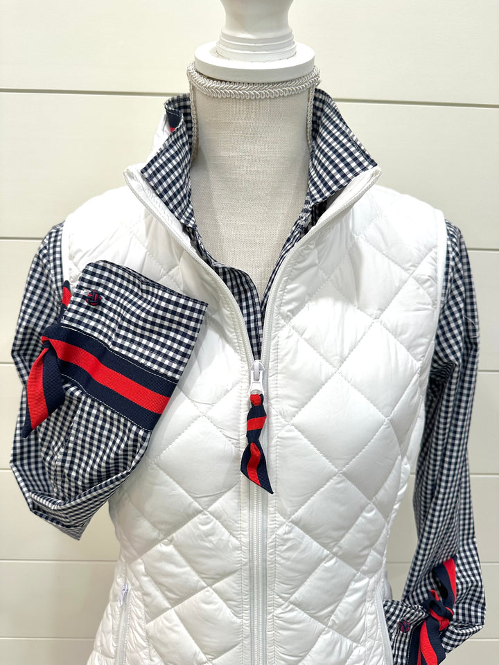 Maggie May Quilted Vest - White w Navy & Red Stripe Ribbon (MMQ03)