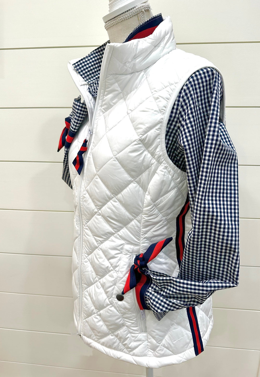 Maggie May Quilted Vest - White w Navy & Red Stripe Ribbon (MMQ03)