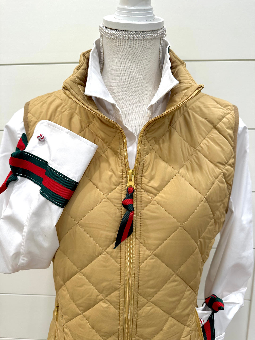 Maggie May Quilted Vest - Khaki w Green & Red Stripe Ribbon (MMQ02)