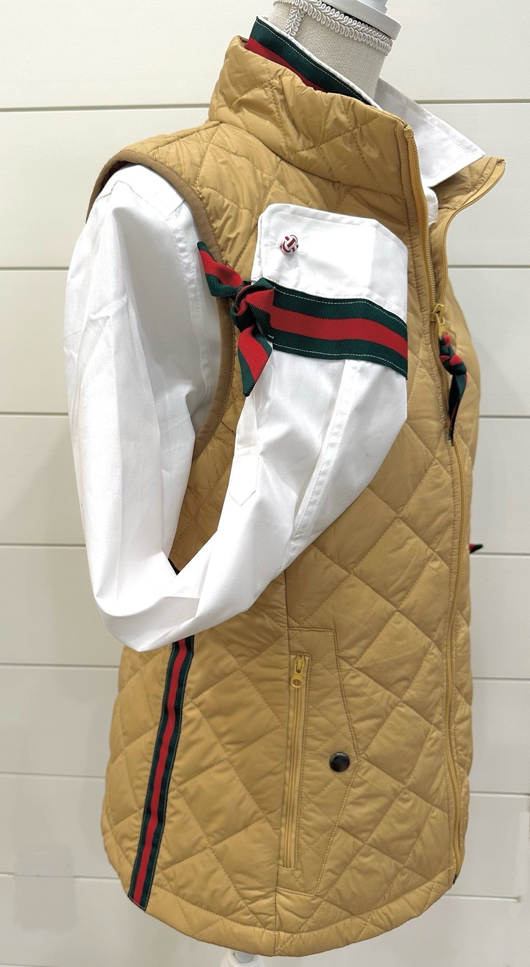 Maggie May Quilted Vest - Khaki w Green & Red Stripe Ribbon (MMQ02)