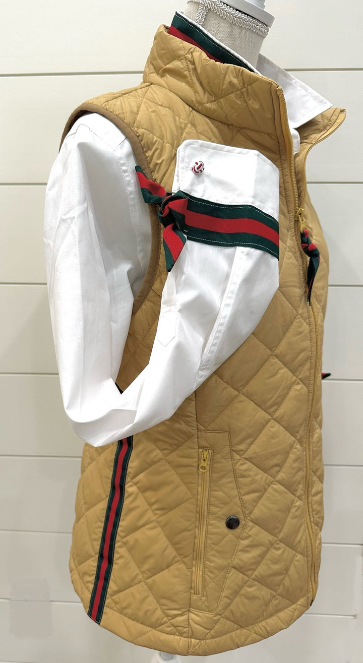 Maggie May Quilted Vest - Khaki w Green & Red Stripe Ribbon (MMQ02)