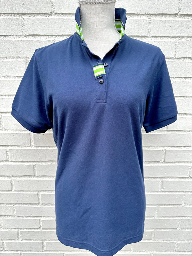 SALE - L ONLY - Madonna Navy Polo w Navy/Lime Grosgrain  (POLO3) *FINAL SALE*
