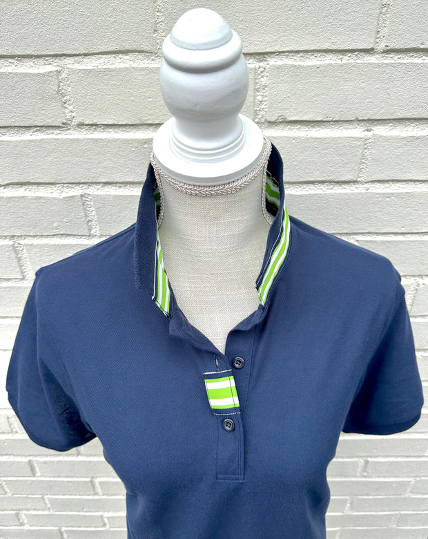 SALE - L ONLY - Madonna Navy Polo w Navy/Lime Grosgrain  (POLO3) *FINAL SALE*