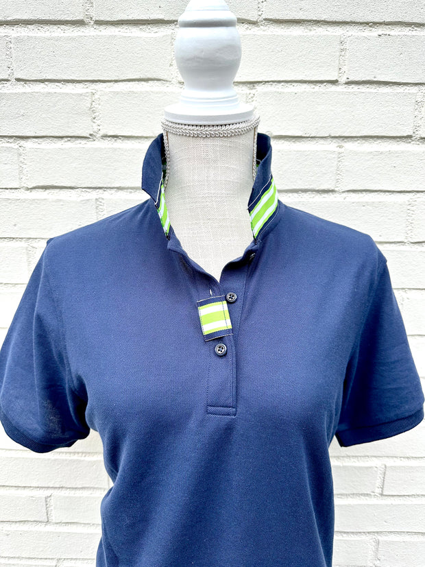 SALE - L ONLY - Madonna Navy Polo w Navy/Lime Grosgrain  (POLO3) *FINAL SALE*