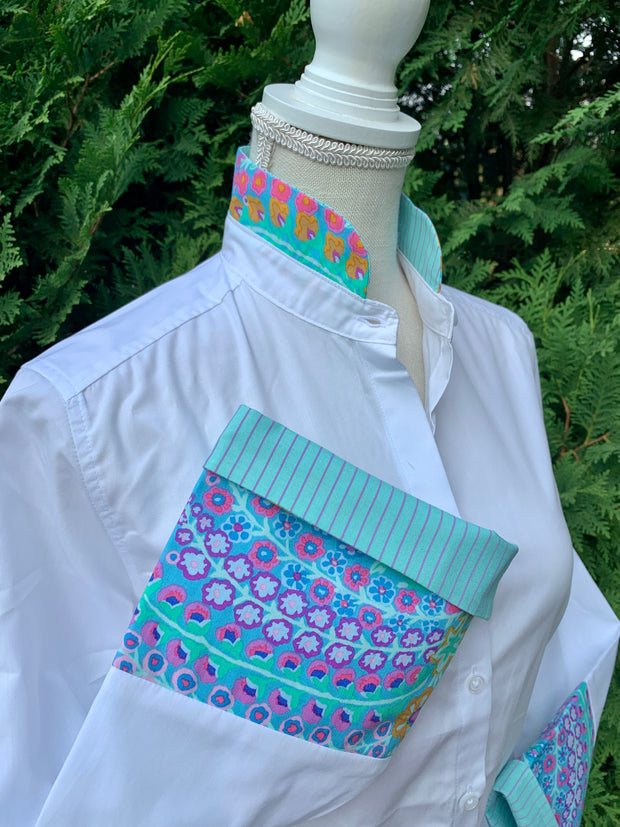 Beth Bell Sleeve - White w/Turquoise Stripe & Turquoise Paisley (LB41)