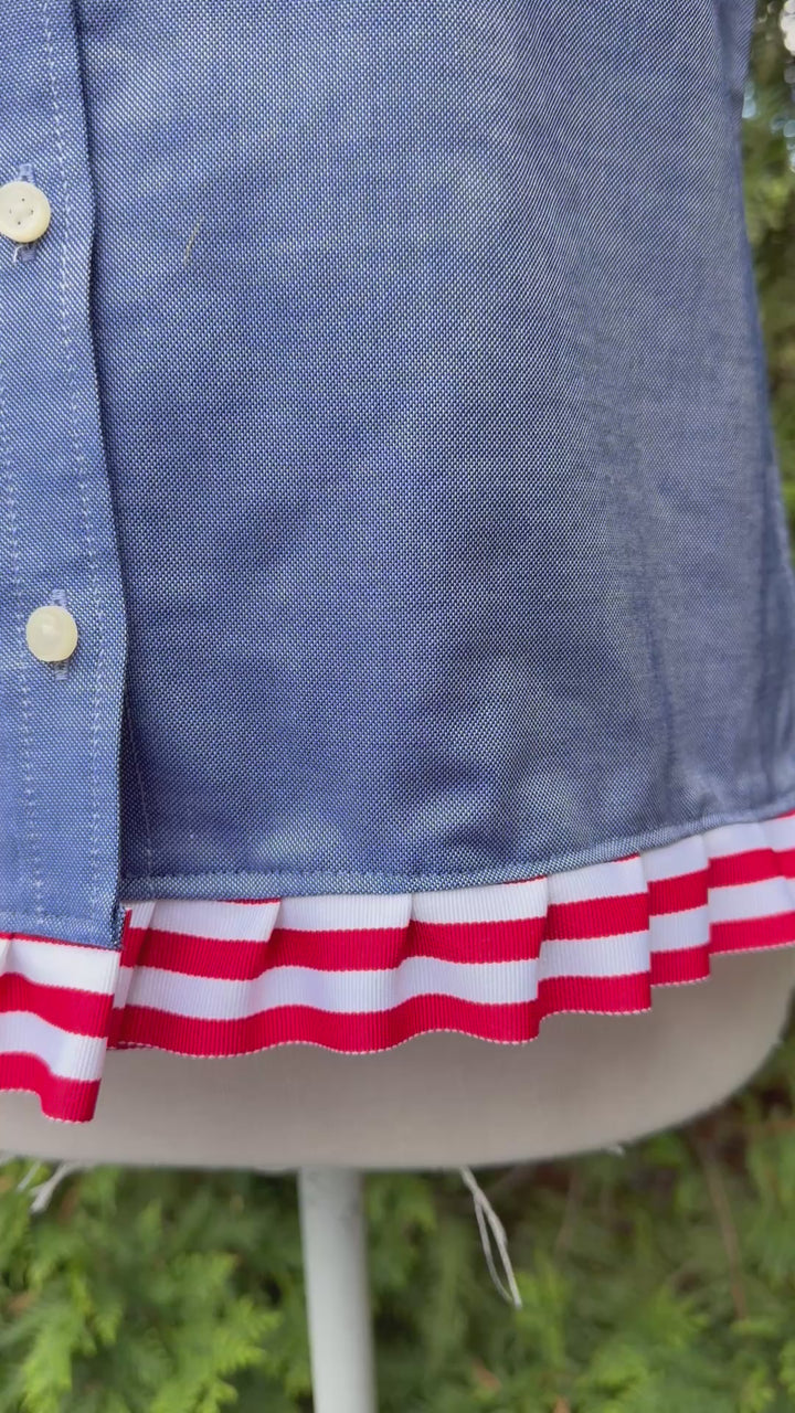 Ellie Short Sleeve Ruffle Oxford - Blue w Red & White Stripe Ribbon (4th E01)