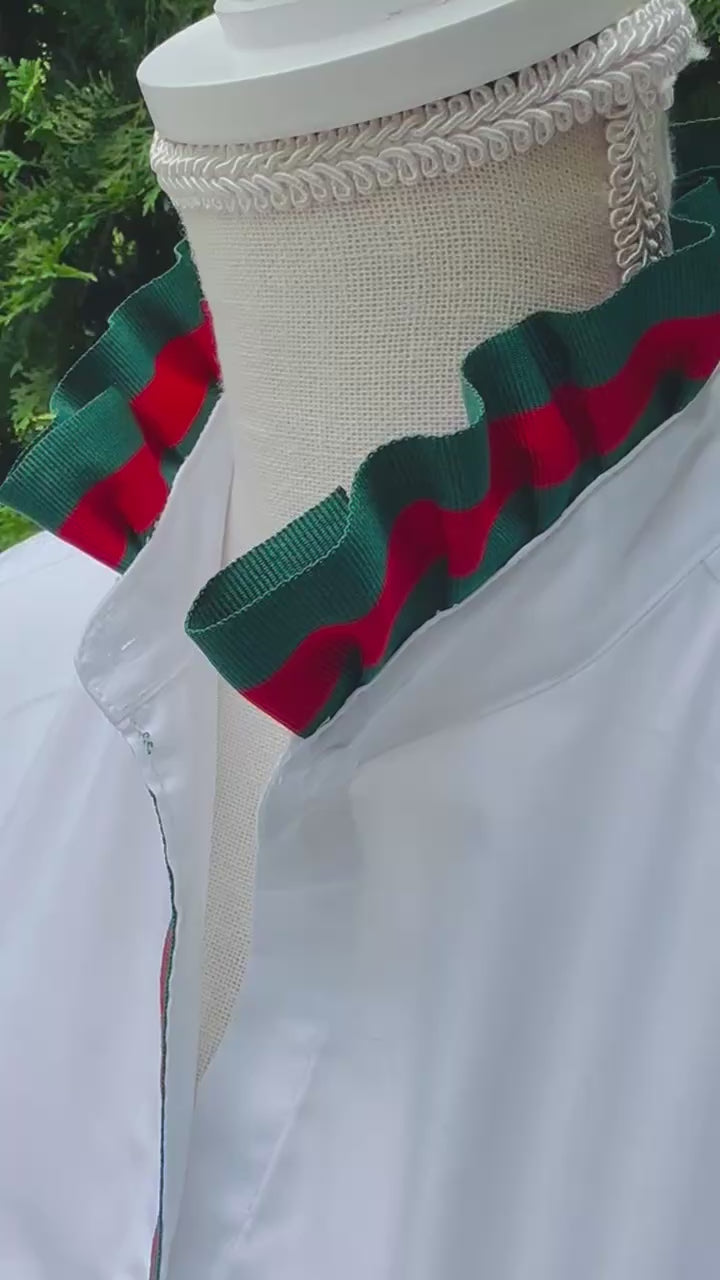 Kate Ruffled Ribbon Collar - White w Green & Red Stripe Ribbon (KT07)