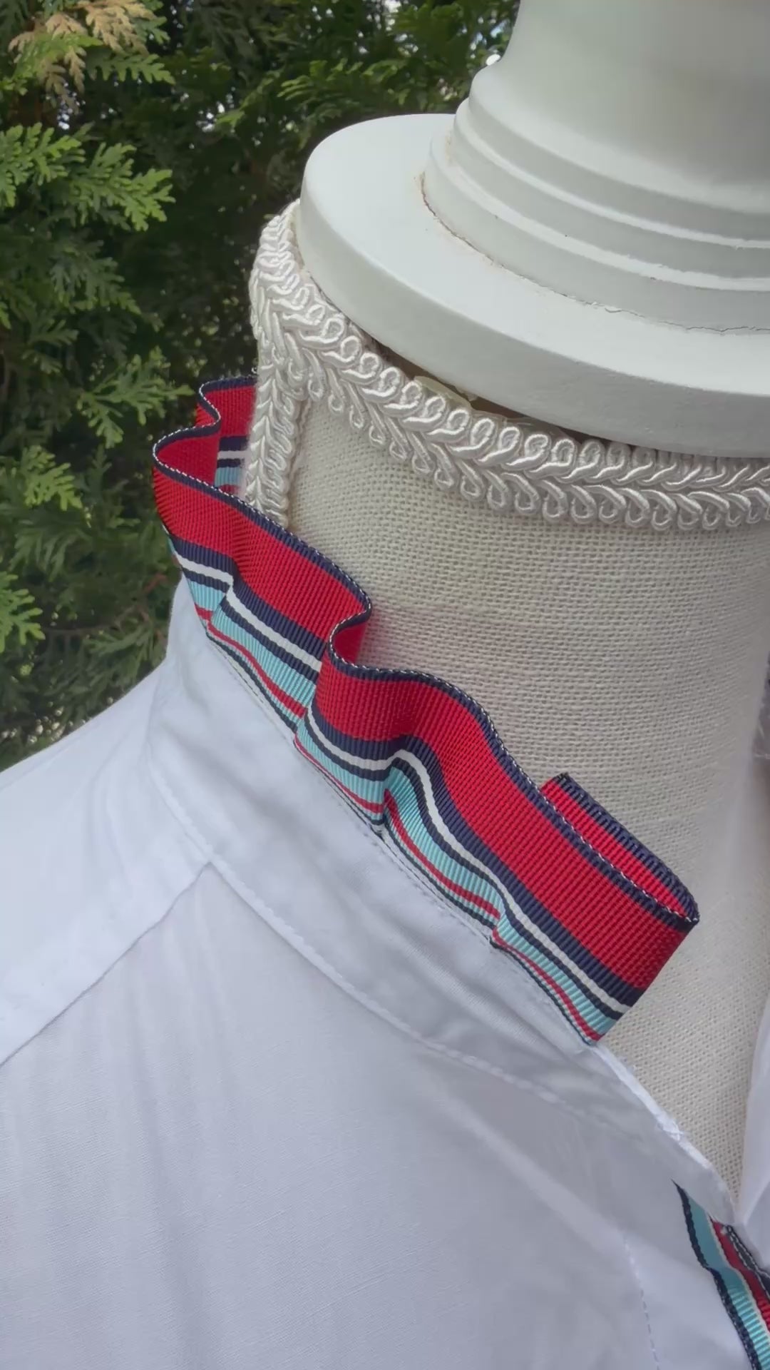 Kate Ruffled Ribbon Collar - White w Red, White & Blue Stripe Ribbon (4th K01)