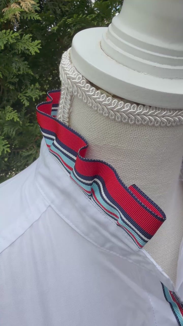 Kate Ruffled Ribbon Collar - White w Red, White & Blue Stripe Ribbon (4th K01)