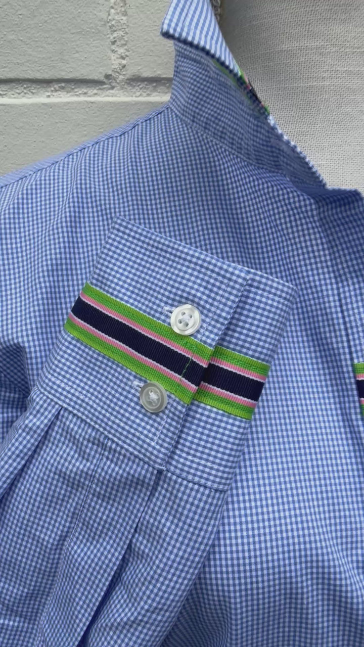 Eleanor Mini Gingham Check Blouse - Royal w Navy, Pink & Green Stripe Ribbon (E01)