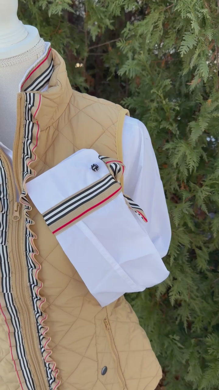 Maggie May Quilted Ruffle Vest - Khaki w Black & Red Stripe Ribbon (MMQ09)