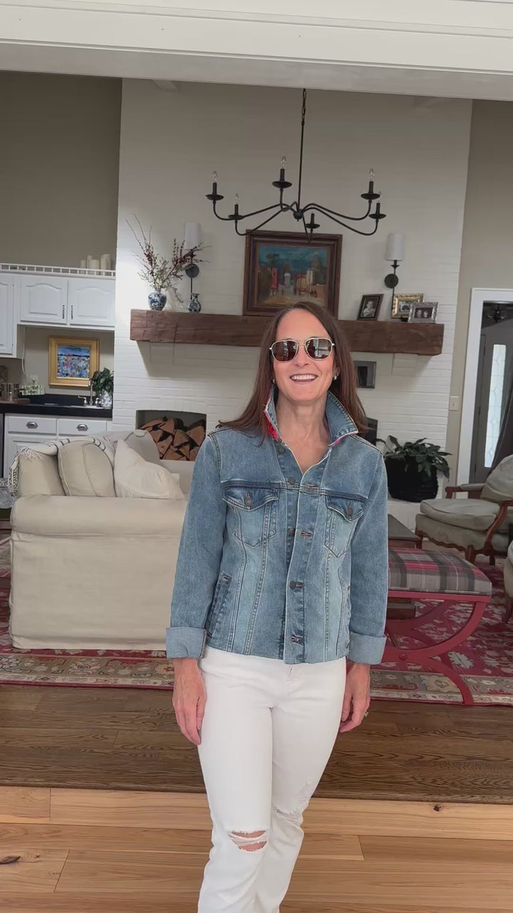 Stevie Denim Jacket - Denim w Orange & Turquoise Velvet Leopard (ST14)