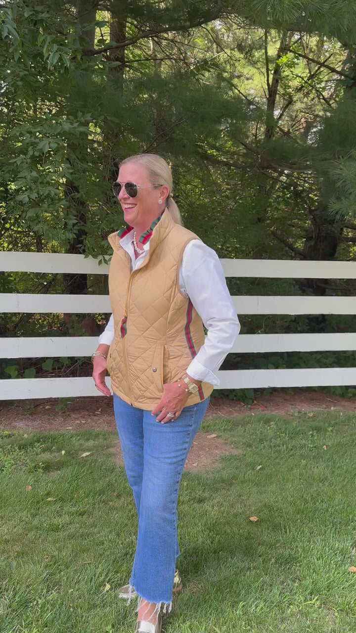 Maggie May Quilted Vest - Khaki w Green & Red Stripe Ribbon (MMQ02)