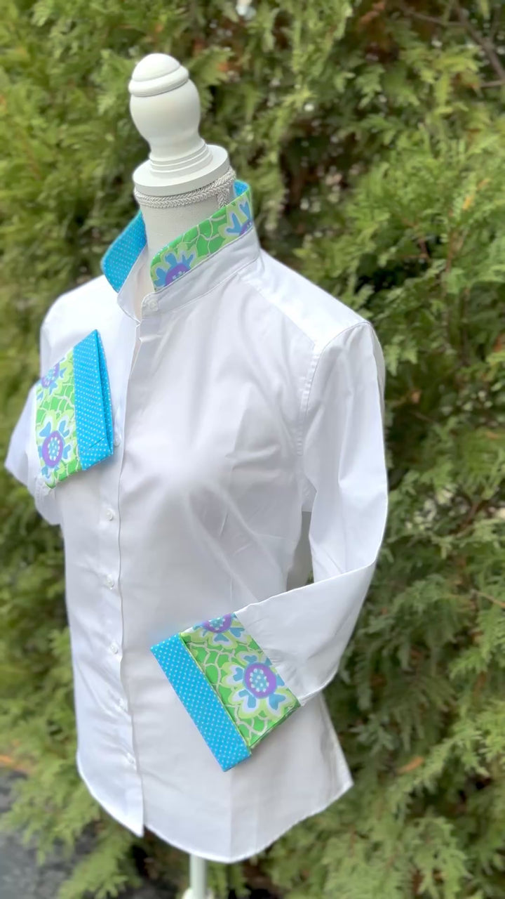 Beth Bell Sleeve - White w Green Floral & Blue Polka Dot (LB50)