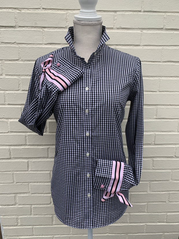 SALE - XS ONLY - Audrey Black Gingham Ribbon French Cuff Shirt  (RFC11) *FINAL SALE*
