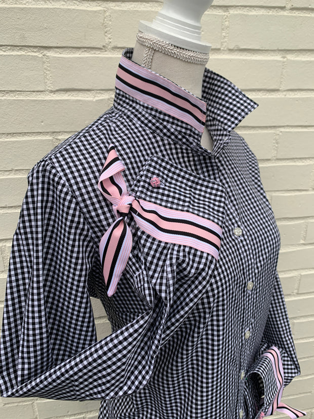 SALE - XS ONLY - Audrey Black Gingham Ribbon French Cuff Shirt  (RFC11) *FINAL SALE*