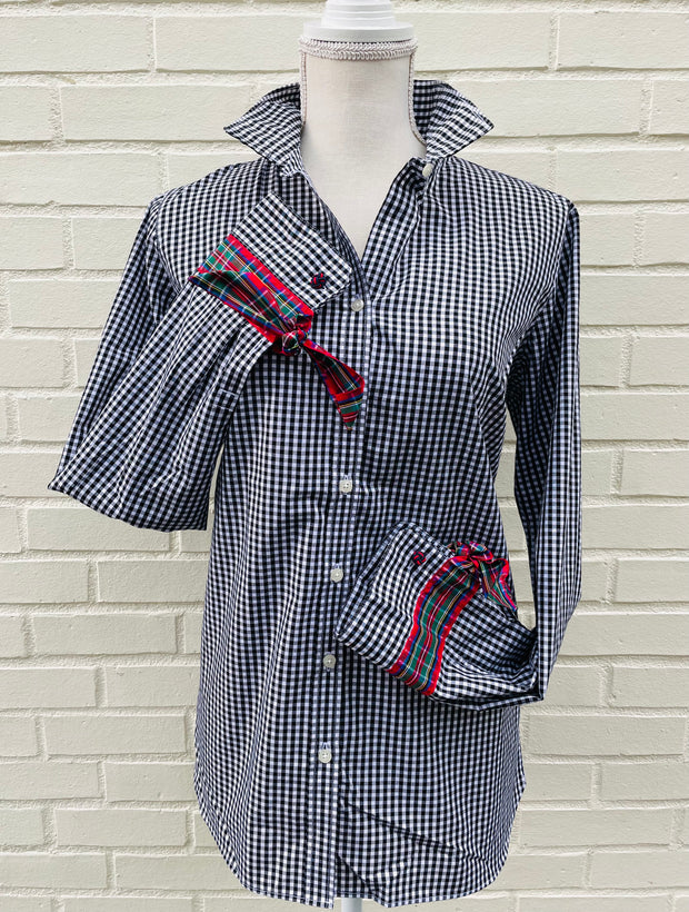 Audrey Black Gingham Ribbon French Cuff Shirt  (RFC10)