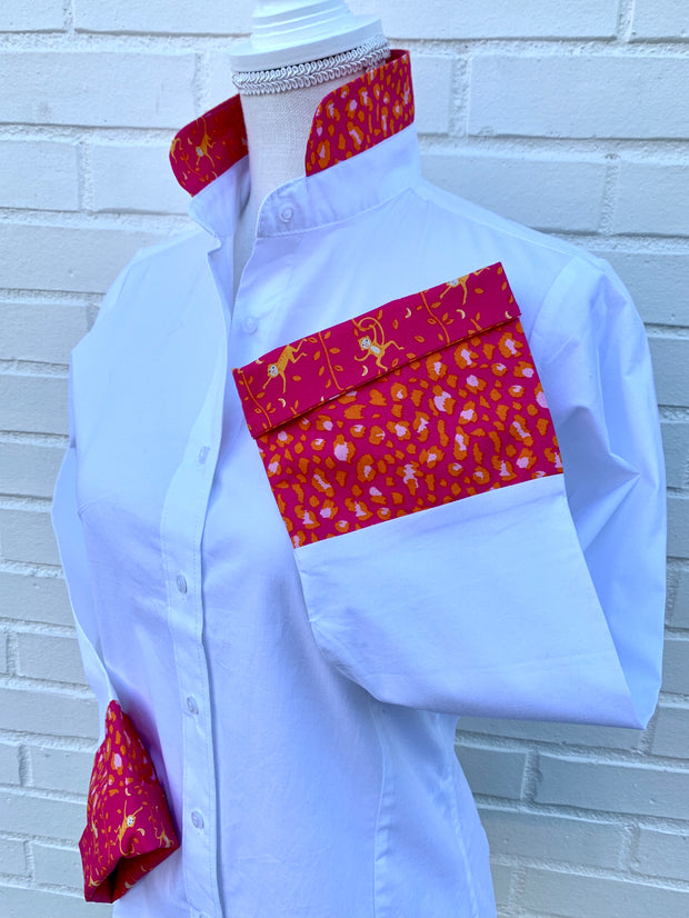 SALE - S, M ONLY - Beth Bell Sleeve - White w/Pink Monkeys & Cheetah (B16) *FINAL SALE*