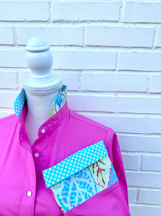 SALE - XL ONLY - Beth Pink Bell Sleeve w/Turquoise Dot & Floral (B13) *FINAL SALE*