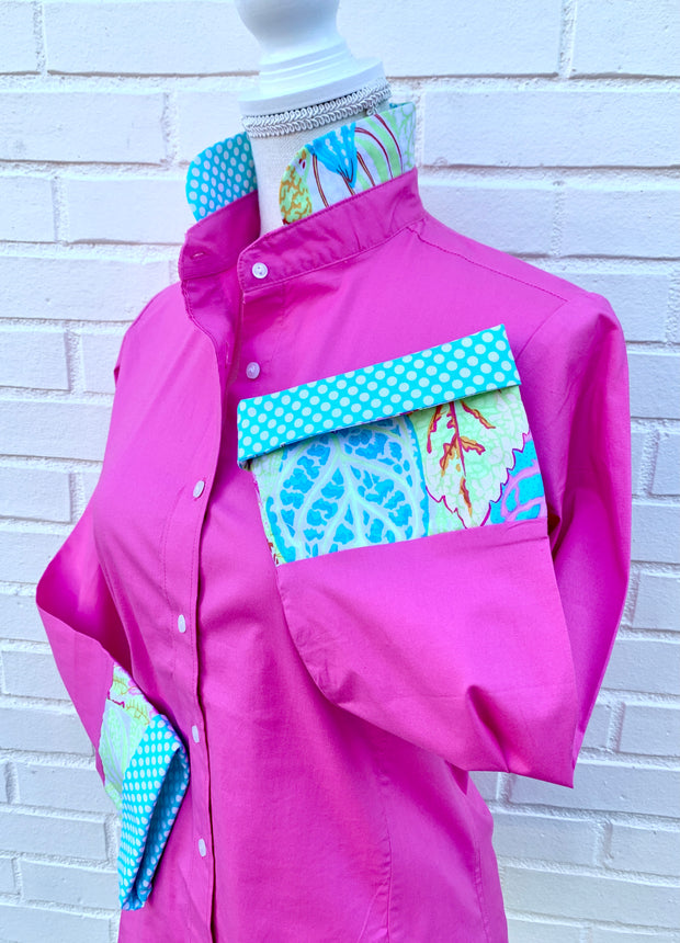 SALE - XL ONLY - Beth Pink Bell Sleeve w/Turquoise Dot & Floral (B13) *FINAL SALE*
