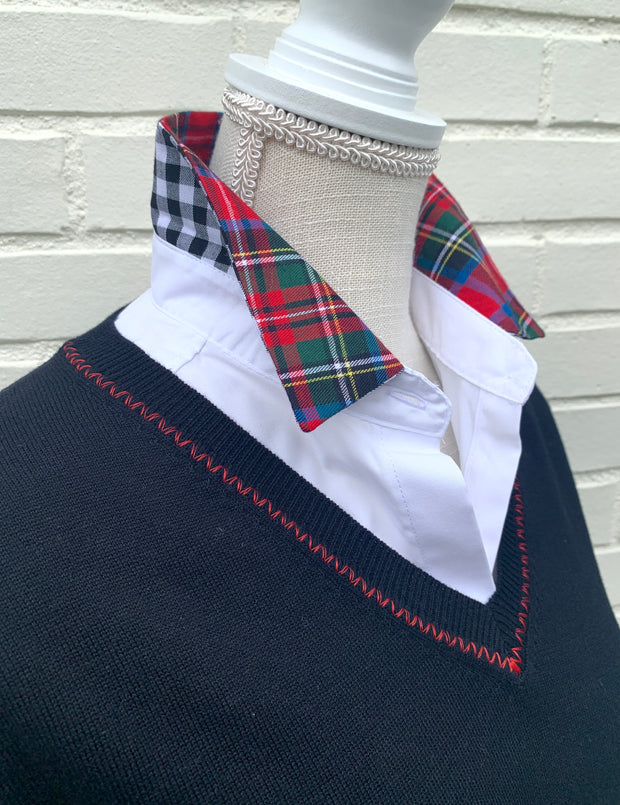 SALE - Diana French Cuff White w Holiday Red Plaid & Black Check (DFC13) *FINAL SALE*