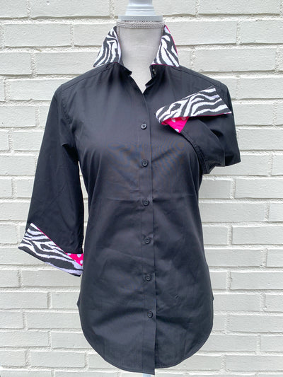 SALE XS, S ONLY - Elizabeth 3/4 Sleeve Black  w Zebra and Pink Polka Dot (3417)