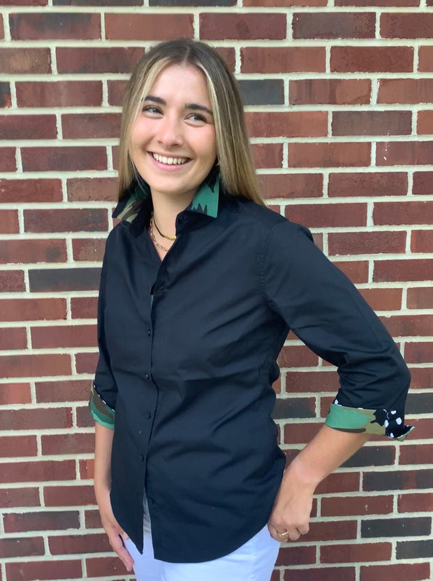 SALE S ONLY - Elizabeth 3/4 Sleeve Black w Camo and Black Polka Dot (3419)  **FINAL SALE**