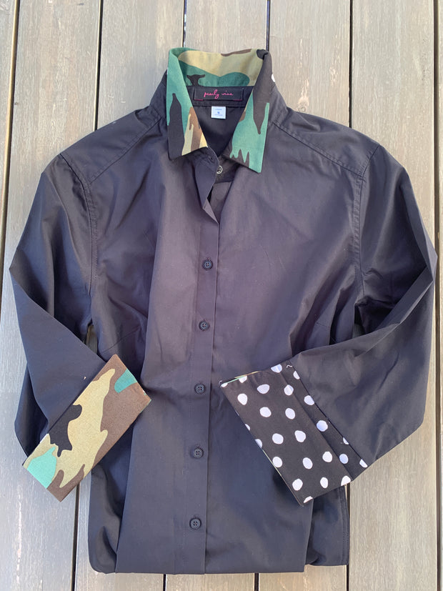 SALE S ONLY - Elizabeth 3/4 Sleeve Black w Camo and Black Polka Dot (3419)  **FINAL SALE**