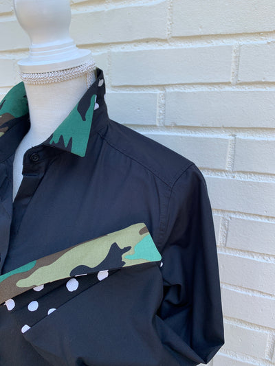 SALE S ONLY - Elizabeth 3/4 Sleeve Black w Camo and Black Polka Dot (3419)  **FINAL SALE**