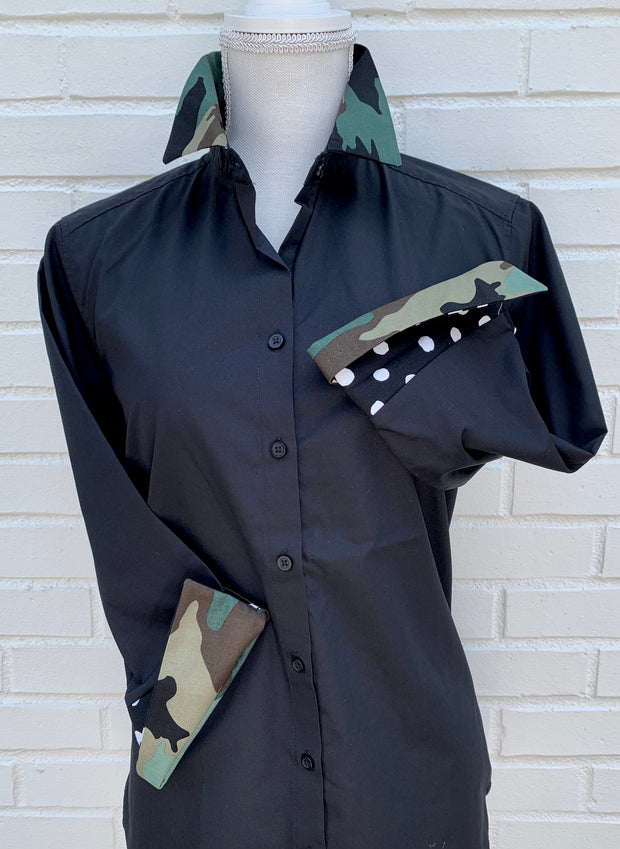 SALE S ONLY - Elizabeth 3/4 Sleeve Black w Camo and Black Polka Dot (3419)  **FINAL SALE**