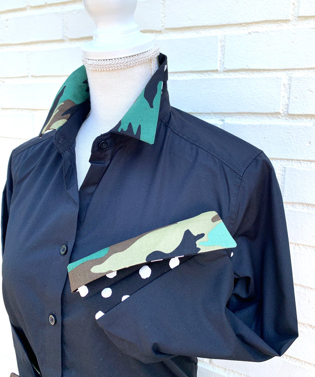 SALE S ONLY - Elizabeth 3/4 Sleeve Black w Camo and Black Polka Dot (3419)  **FINAL SALE**