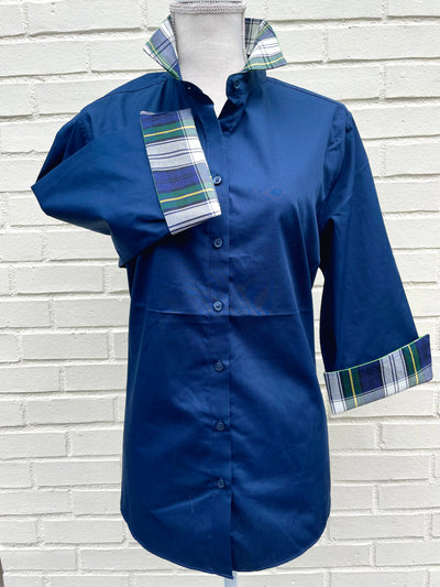 SALE L ONLY - Elizabeth 3/4 Sleeve Navy w Plaid and Green Polka Dot  **FINAL SALE**