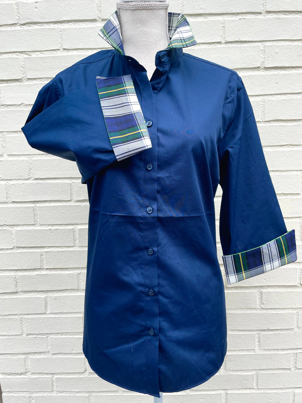 SALE L ONLY - Elizabeth 3/4 Sleeve Navy w Plaid and Green Polka Dot  **FINAL SALE**