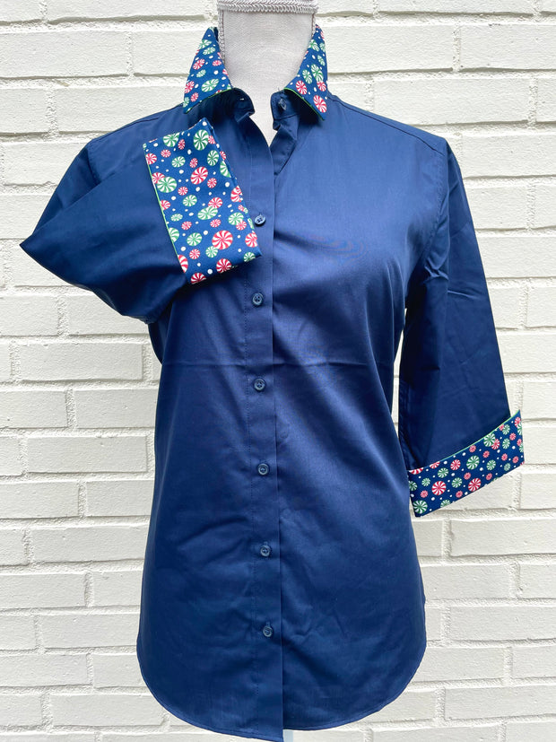 SALE S ONLY - Elizabeth 3/4 Sleeve Navy w Peppermint Candy and Green Polka Dot  **FINAL SALE**