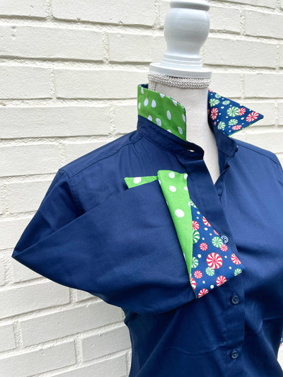 SALE S ONLY - Elizabeth 3/4 Sleeve Navy w Peppermint Candy and Green Polka Dot  **FINAL SALE**