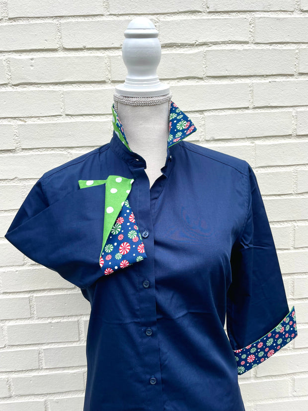 SALE S ONLY - Elizabeth 3/4 Sleeve Navy w Peppermint Candy and Green Polka Dot  **FINAL SALE**