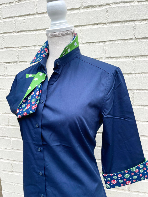 SALE S ONLY - Elizabeth 3/4 Sleeve Navy w Peppermint Candy and Green Polka Dot  **FINAL SALE**