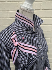 SALE - XS ONLY - Audrey Black Gingham Ribbon French Cuff Shirt  (RFC11) *FINAL SALE*